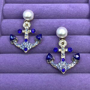 Nautical Glam Royal  Blue Anchor pierced  Earrings